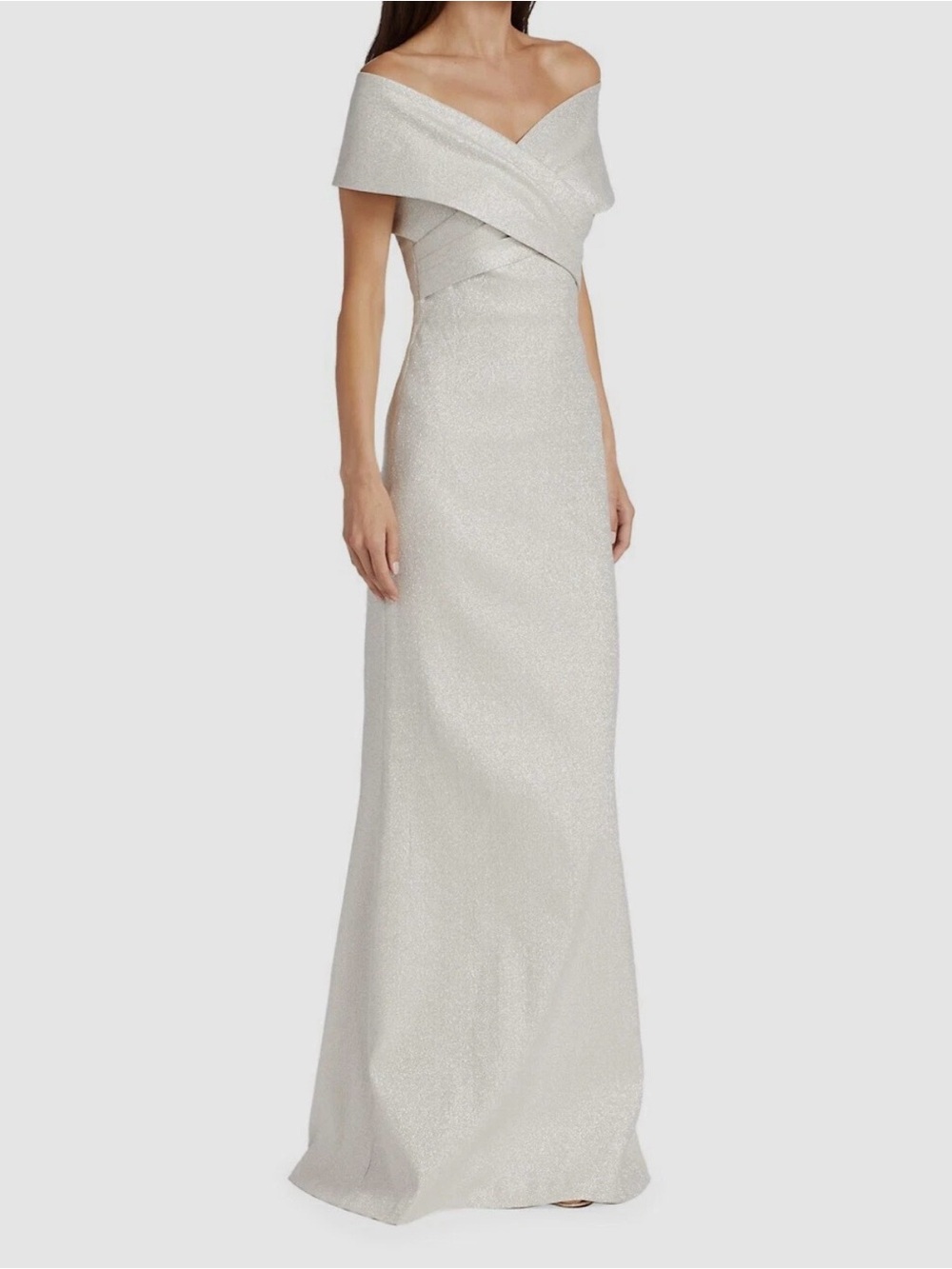 Rickie Freeman For Teri Jon New Off The Shoulder Silver Gown Size 8